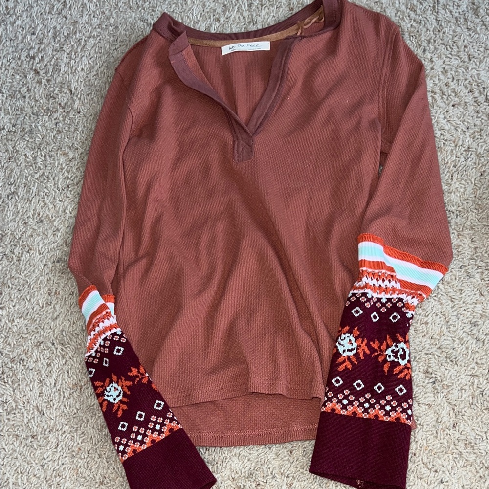 Free People Terracotta Top with Patterned Sleeves